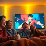 Enjoy family movie night with اشتراك فاصل بلس, featuring cozy atmosphere and excitement.